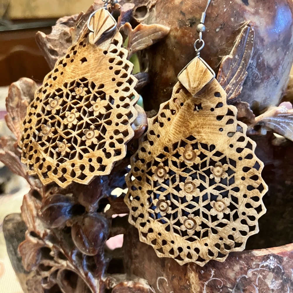 HAND CARVED 3” PIERCED EARRINGS